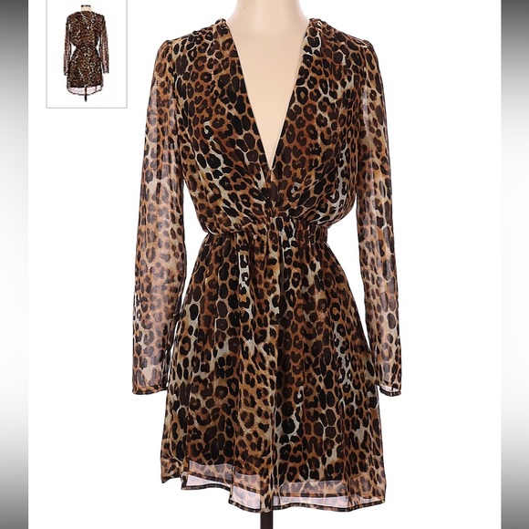 Express Dresses & Skirts - Express leopard print deep V long sleeve mini dress
